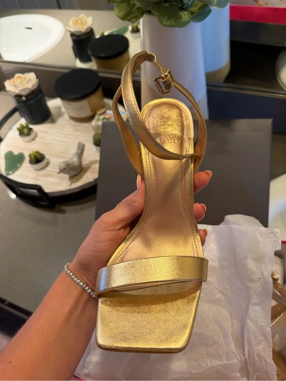 Vince Camuto- Gold Women's Ankle-Strap Sandal - Elegant Metallic Dress Heel